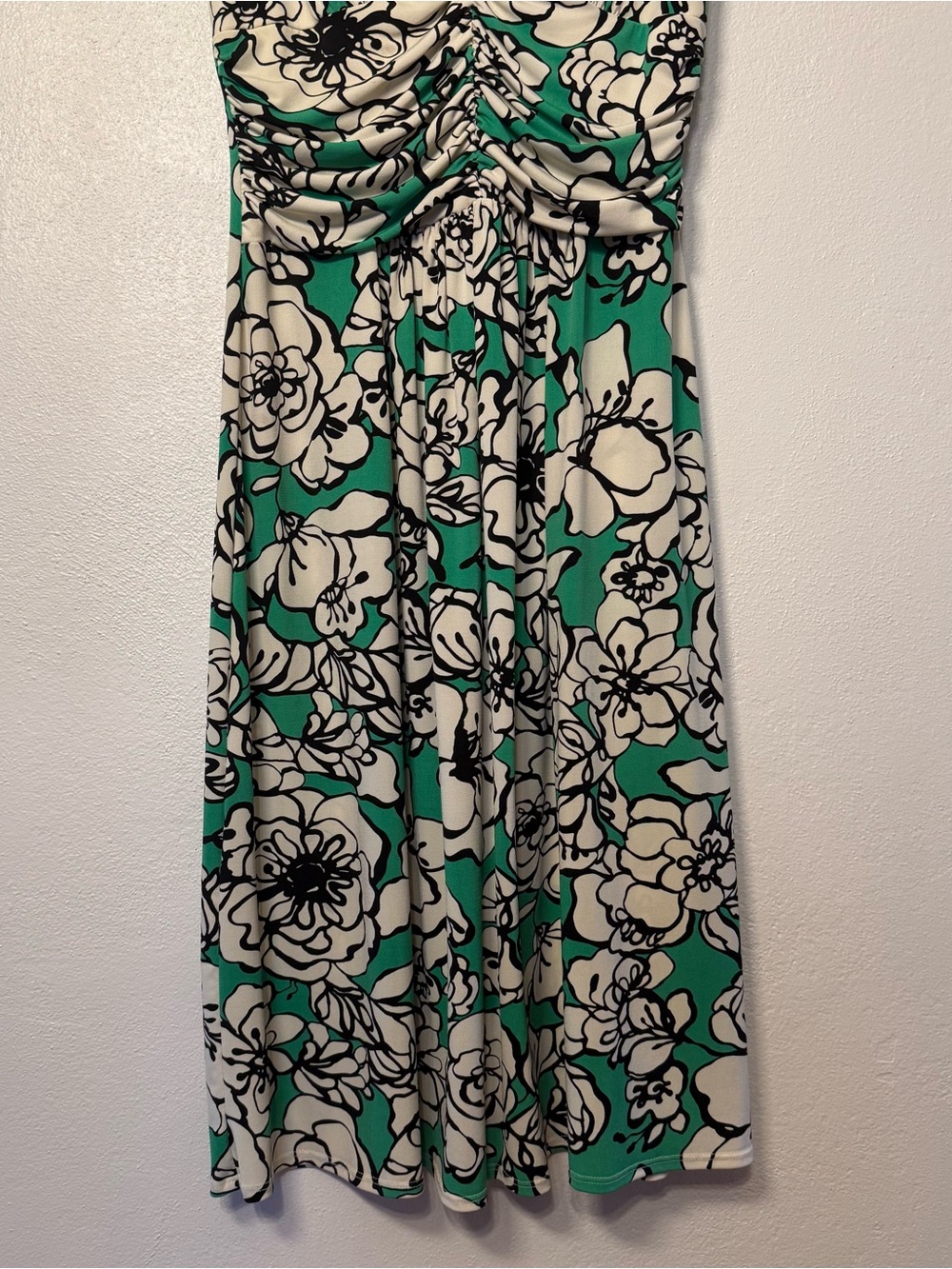 Bisou Bisou Green & Ivory Floral Print Y2K Midi Dress Ruche Detail Womens Size 8 - Picture 5 of 16